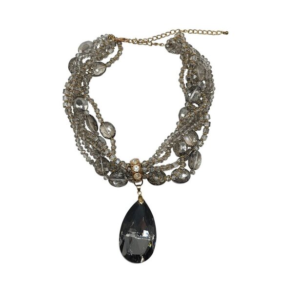 Elegant Multi-Strand Crystal Necklace Large Teardrop Pendant Adjustable Chain - Picture 1 of 9